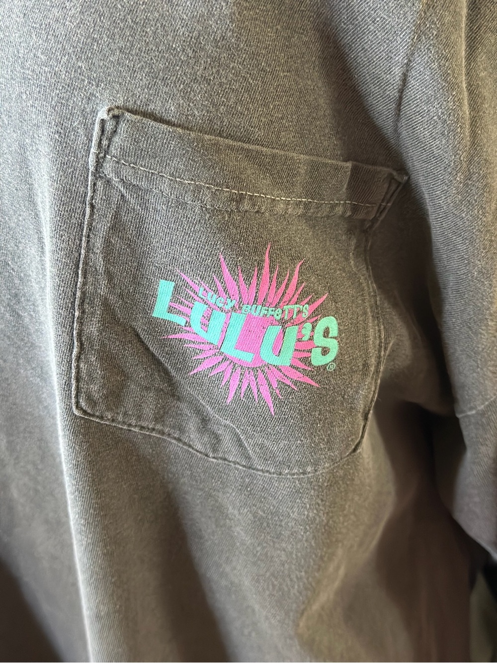 Comfort Colors Lulu's Grey Pocket Tee with Pink & Teal Logo - C1064